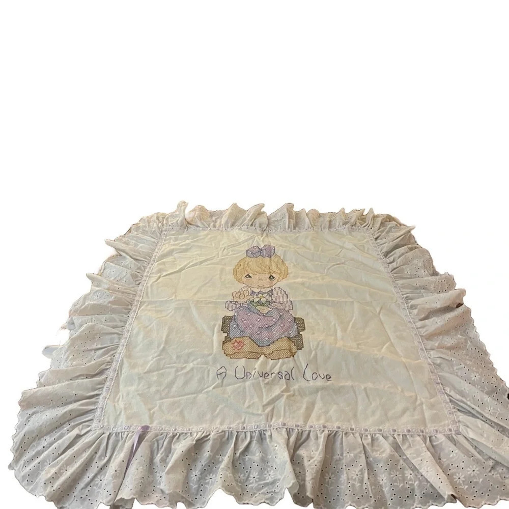 Vintage Precious Moments Handmade Cross stitched Baby Blanket w/ Eyelet Ruffle - Picture 3 of 14